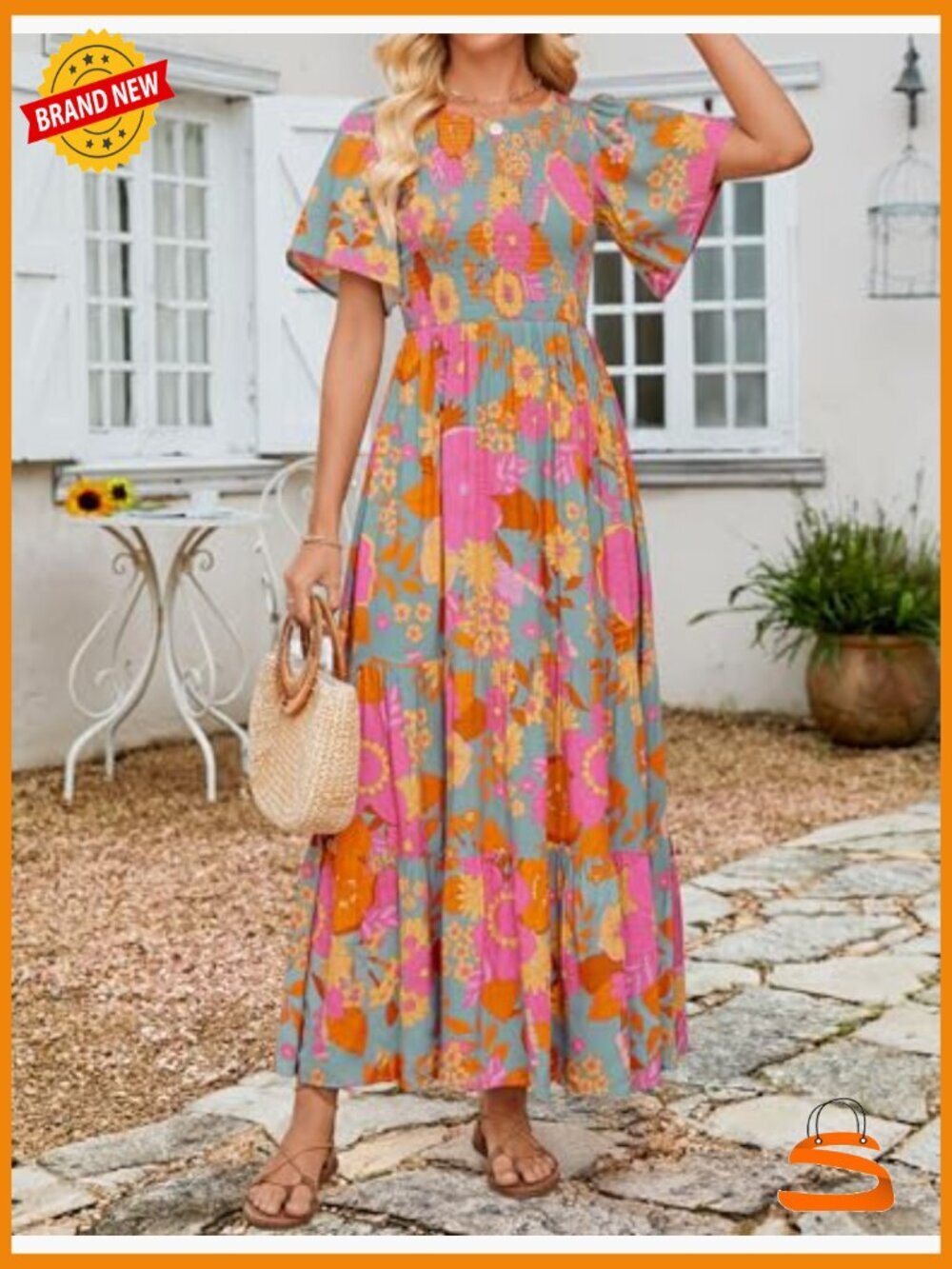 Boho Floral Maxi Dress - Short Flutter Sleeve Smocked Tiered Flowy - Picture 4 of 7